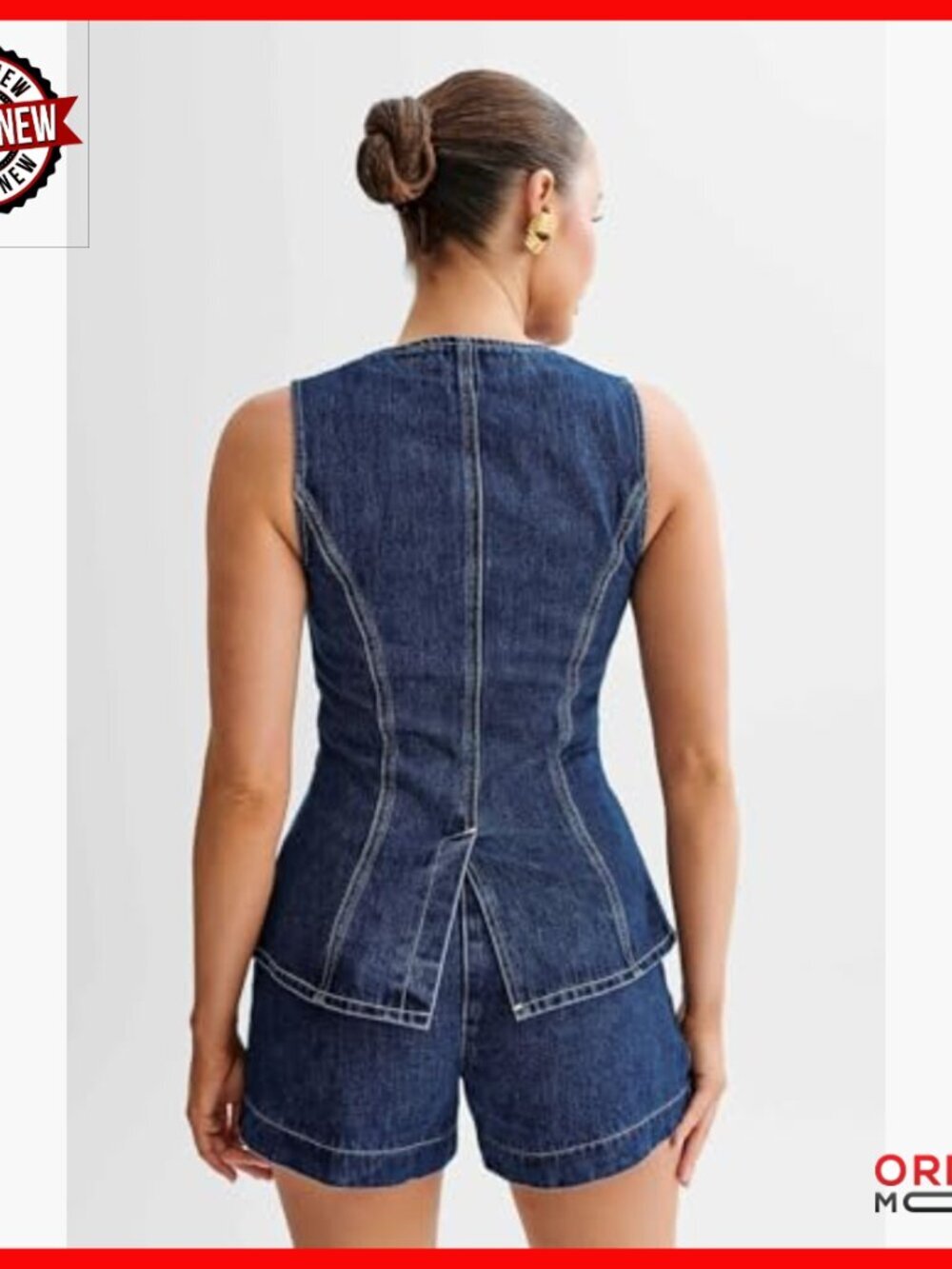 Denim Two-Piece Set Sleeveless Vest High-Waisted Shorts Pant Suit - Picture 4 of 6
